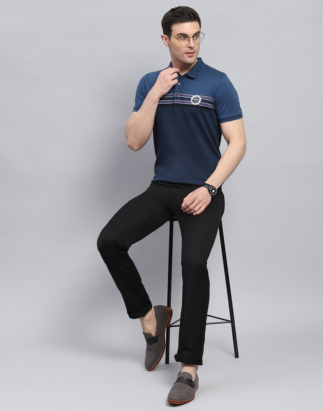 Men Navy Blue Stripe Polo Collar Half Sleeve T-Shirt