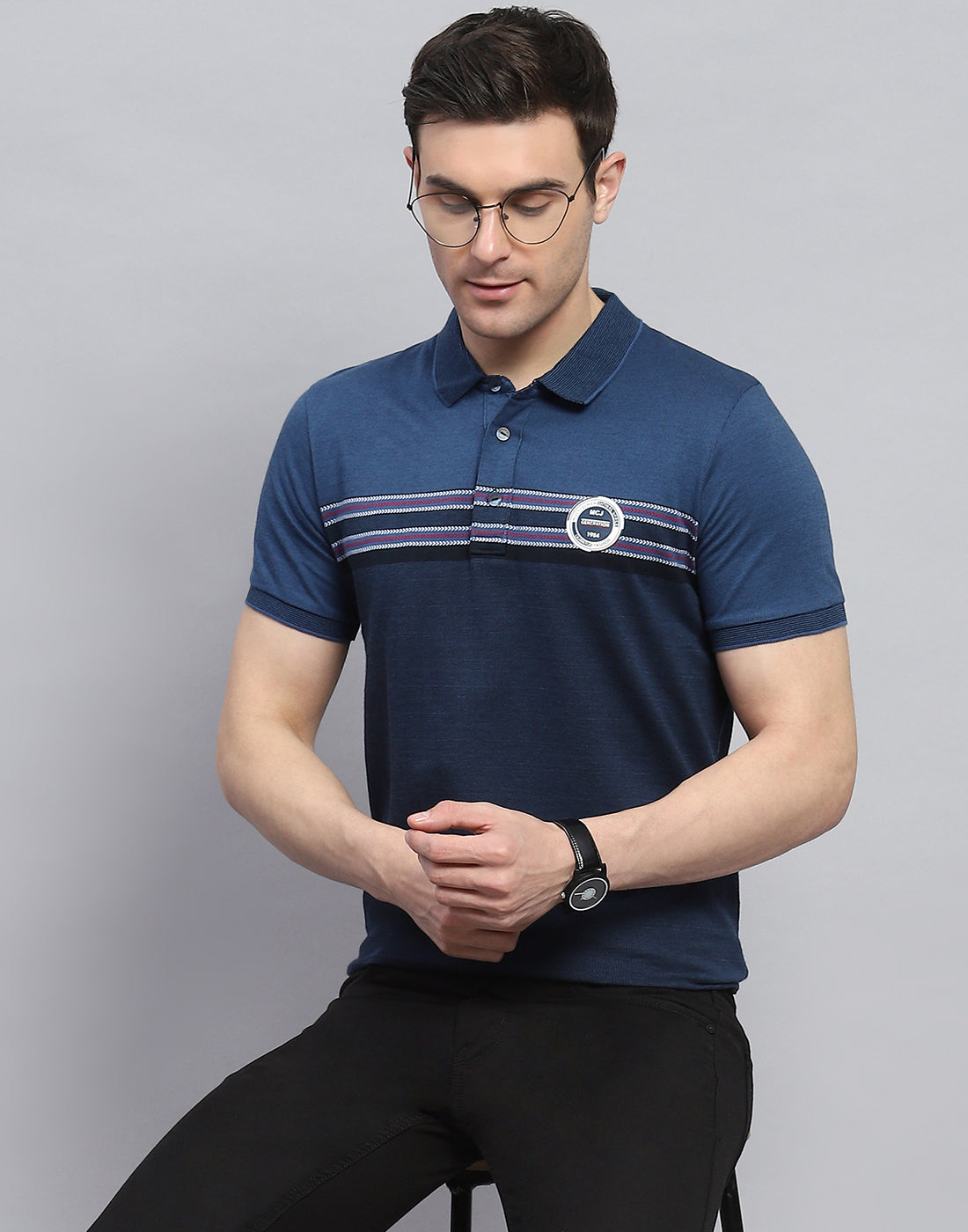 Men Navy Blue Stripe Polo Collar Half Sleeve T-Shirt