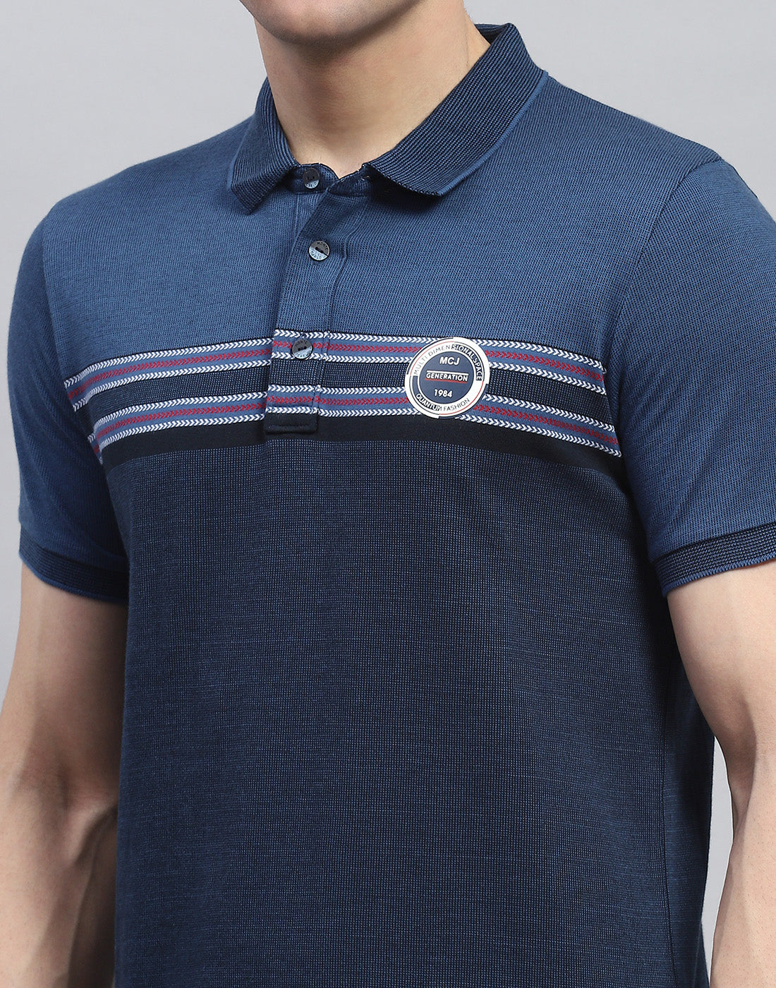 Men Navy Blue Stripe Polo Collar Half Sleeve T-Shirt