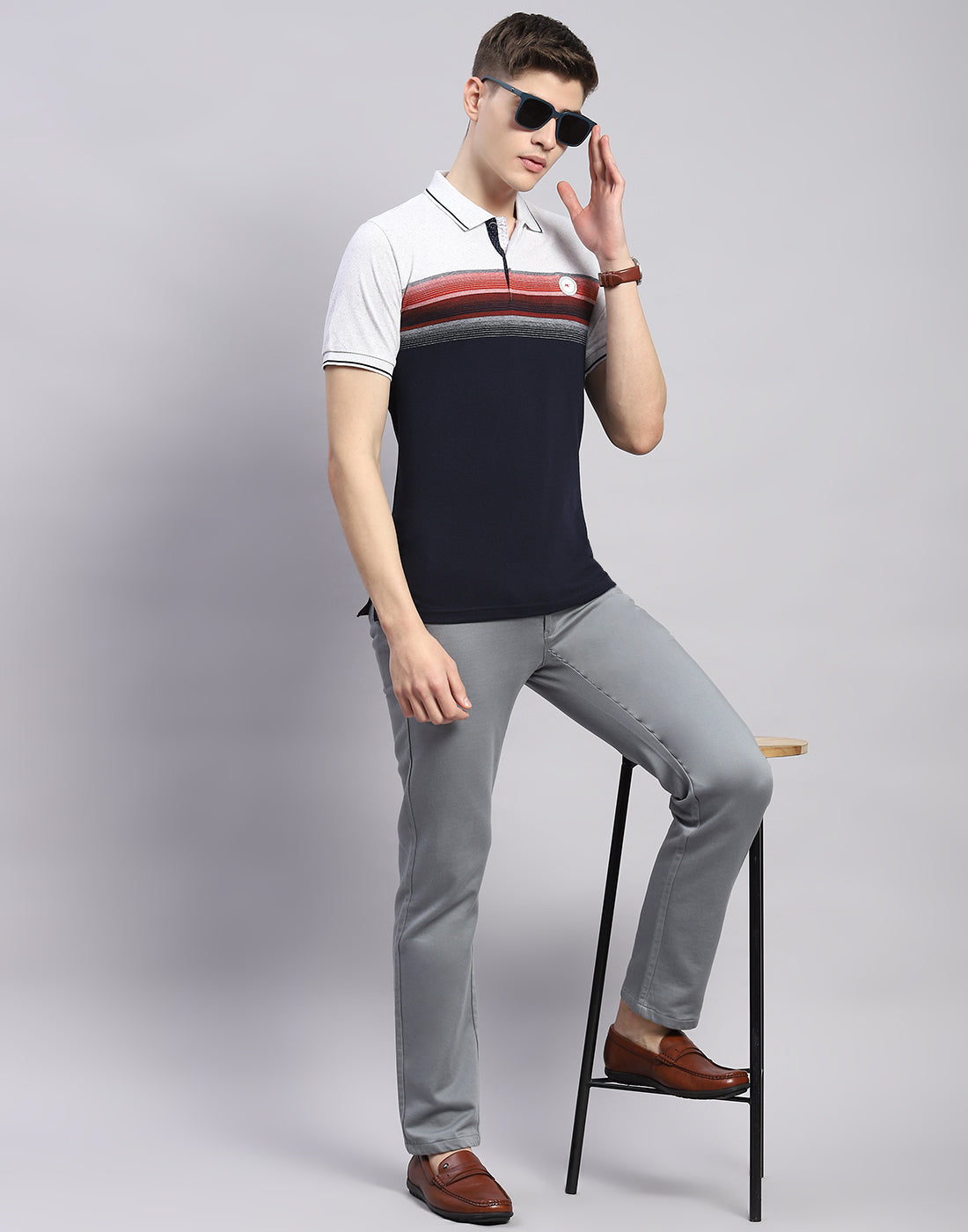 Men Navy Blue Stripe Polo Collar Half Sleeve T-Shirt