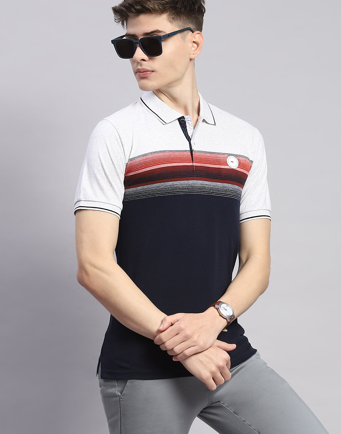 Men Navy Blue Stripe Polo Collar Half Sleeve T-Shirt