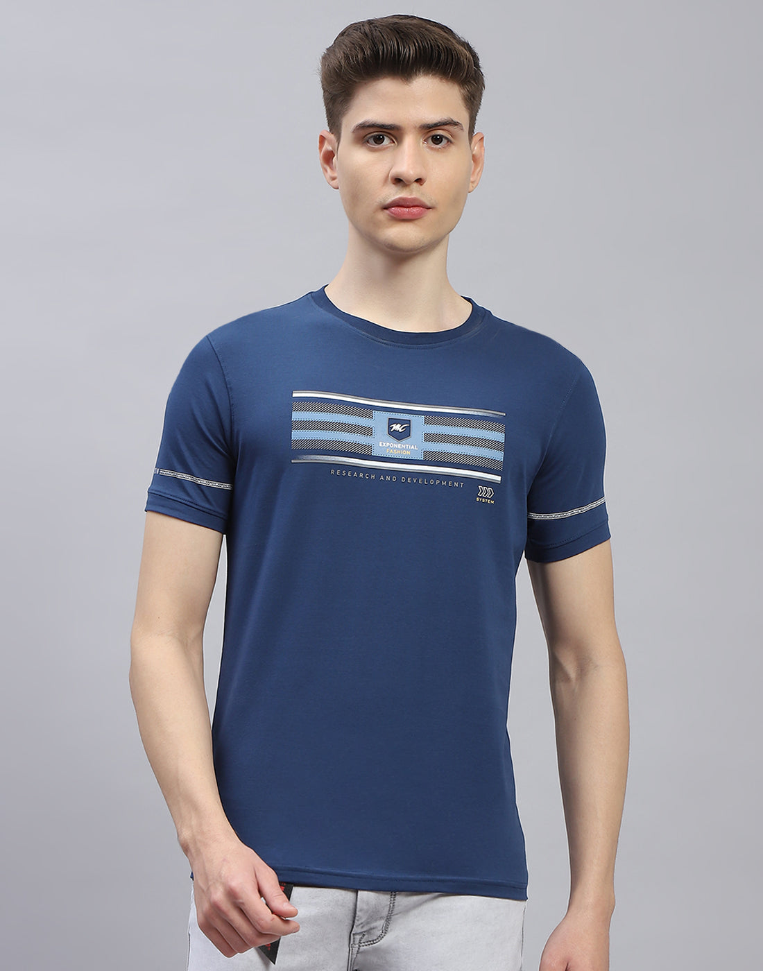 Men Navy Blue Printed Round Neck Half Sleeve T-Shirt
