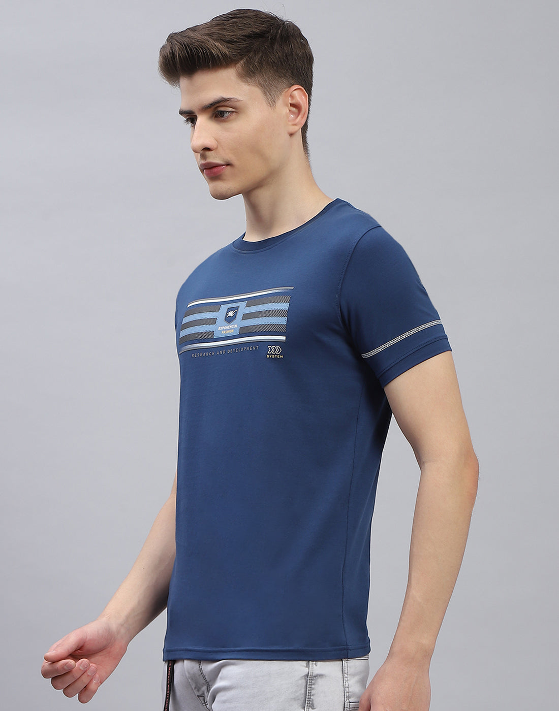 Men Navy Blue Printed Round Neck Half Sleeve T-Shirt