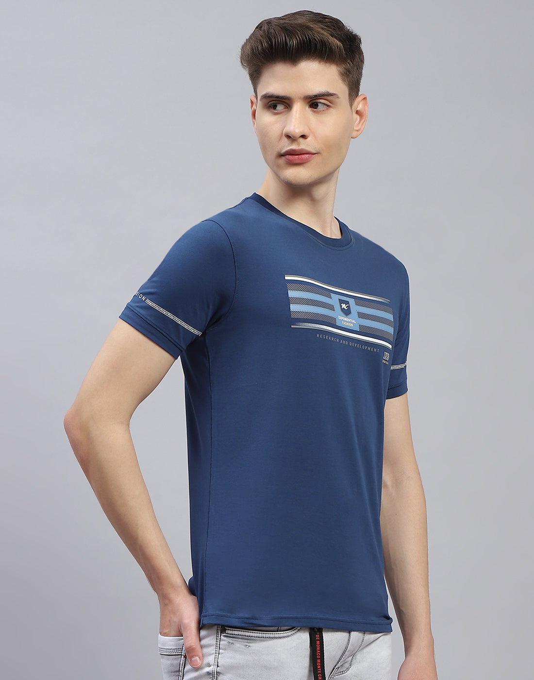 Men Navy Blue Printed Round Neck Half Sleeve T-Shirt