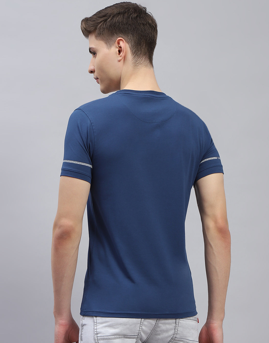 Men Navy Blue Printed Round Neck Half Sleeve T-Shirt