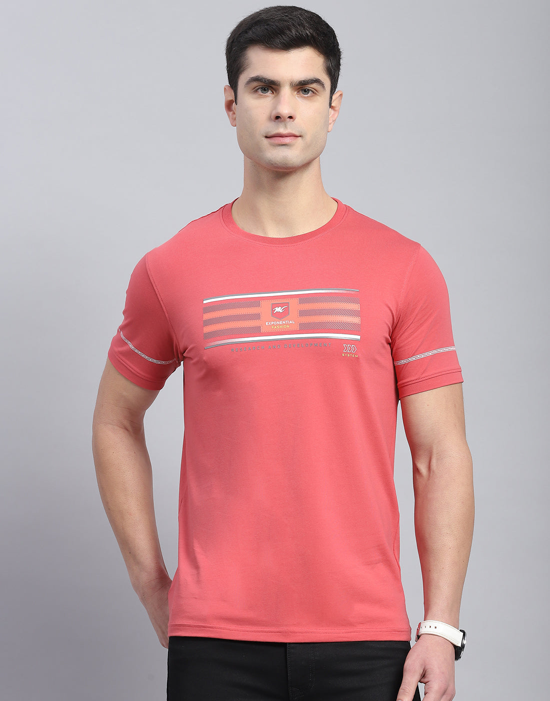 Men Pink Printed Round Neck Half Sleeve T-Shirt