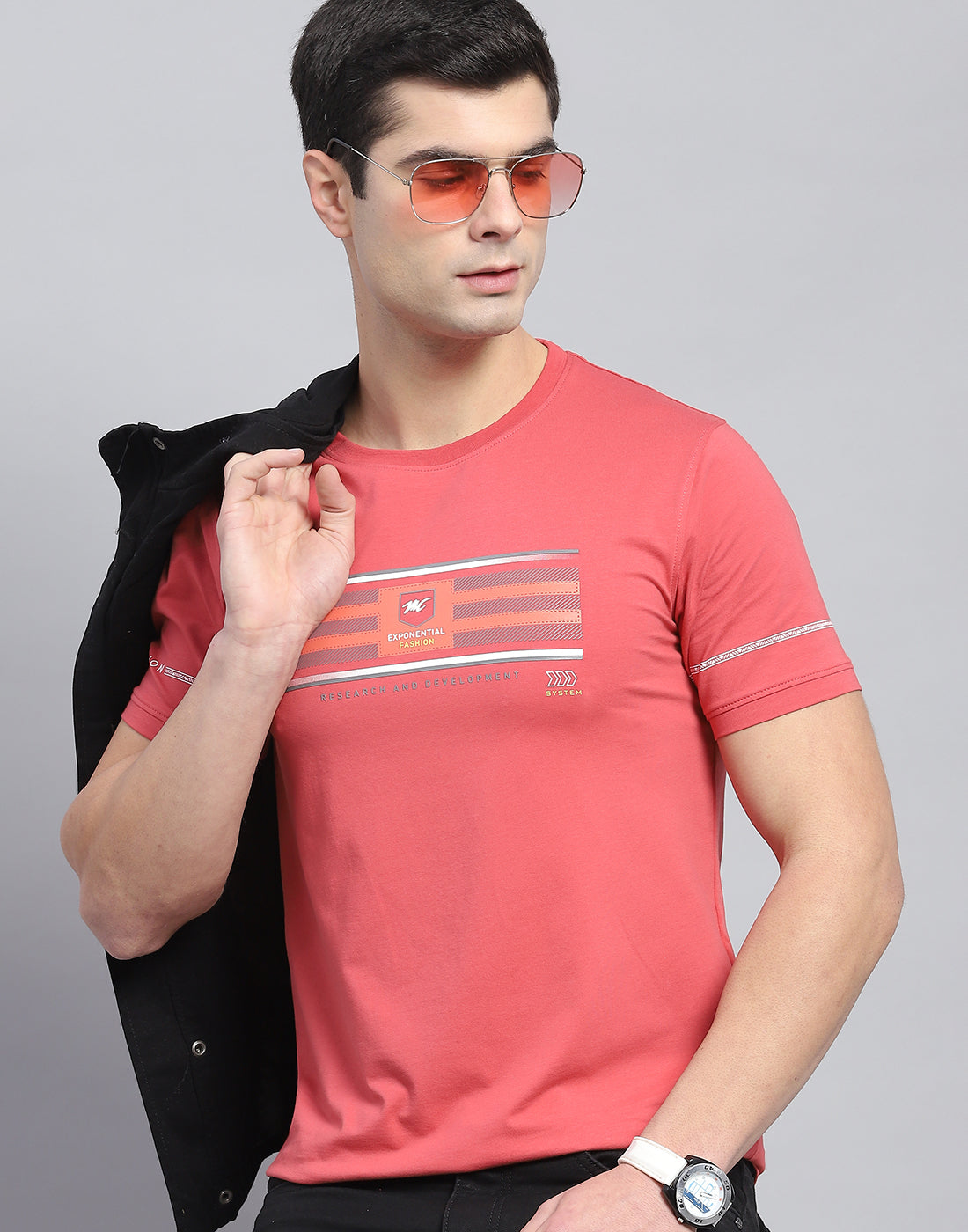 Men Pink Printed Round Neck Half Sleeve T-Shirt