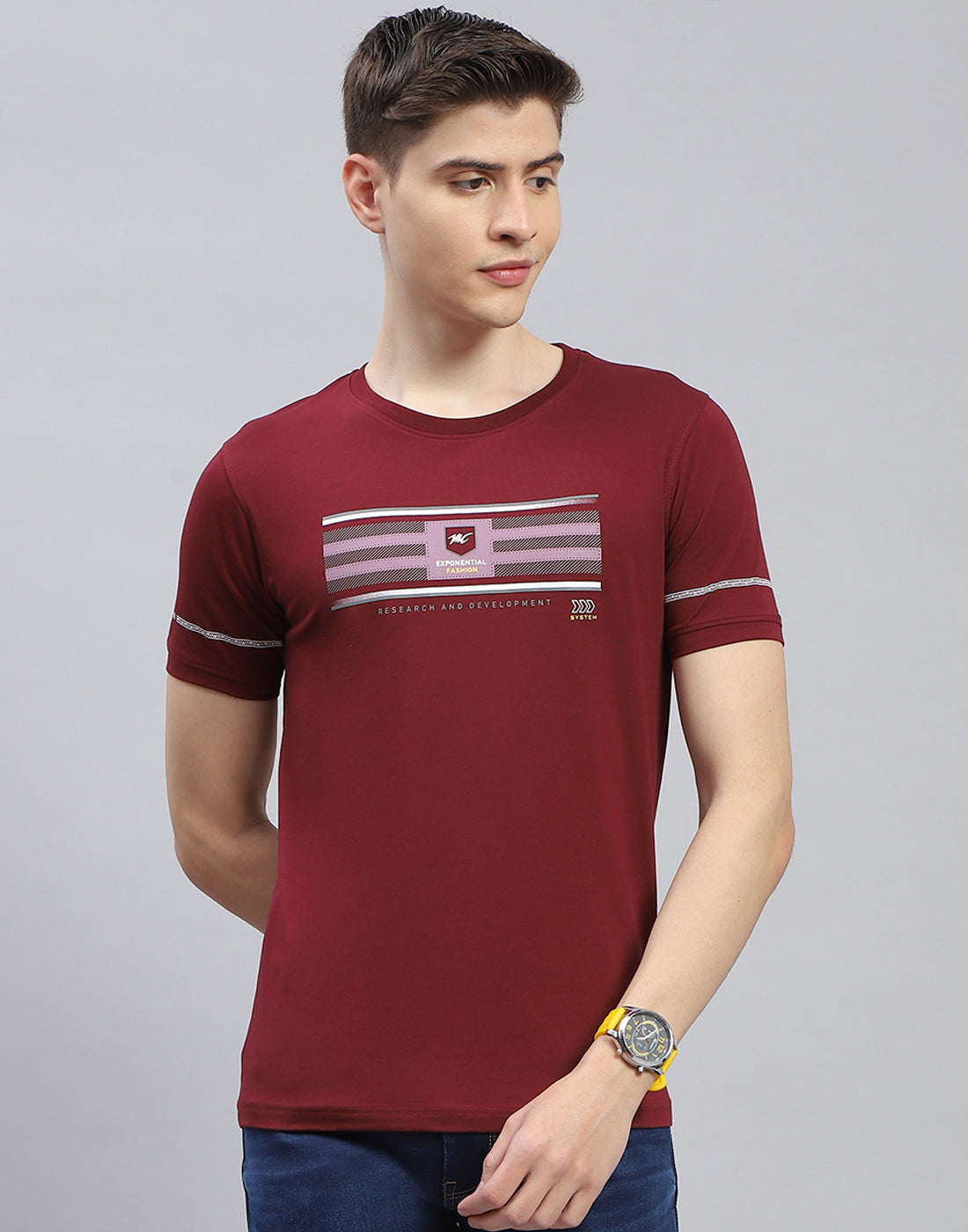 Men Maroon Printed Round Neck Half Sleeve T-Shirt