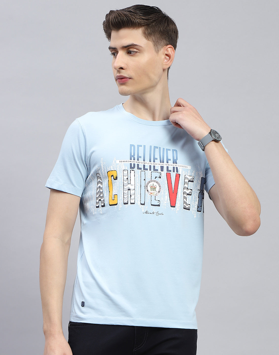 Men Blue Printed Round Neck Half Sleeve T-Shirt