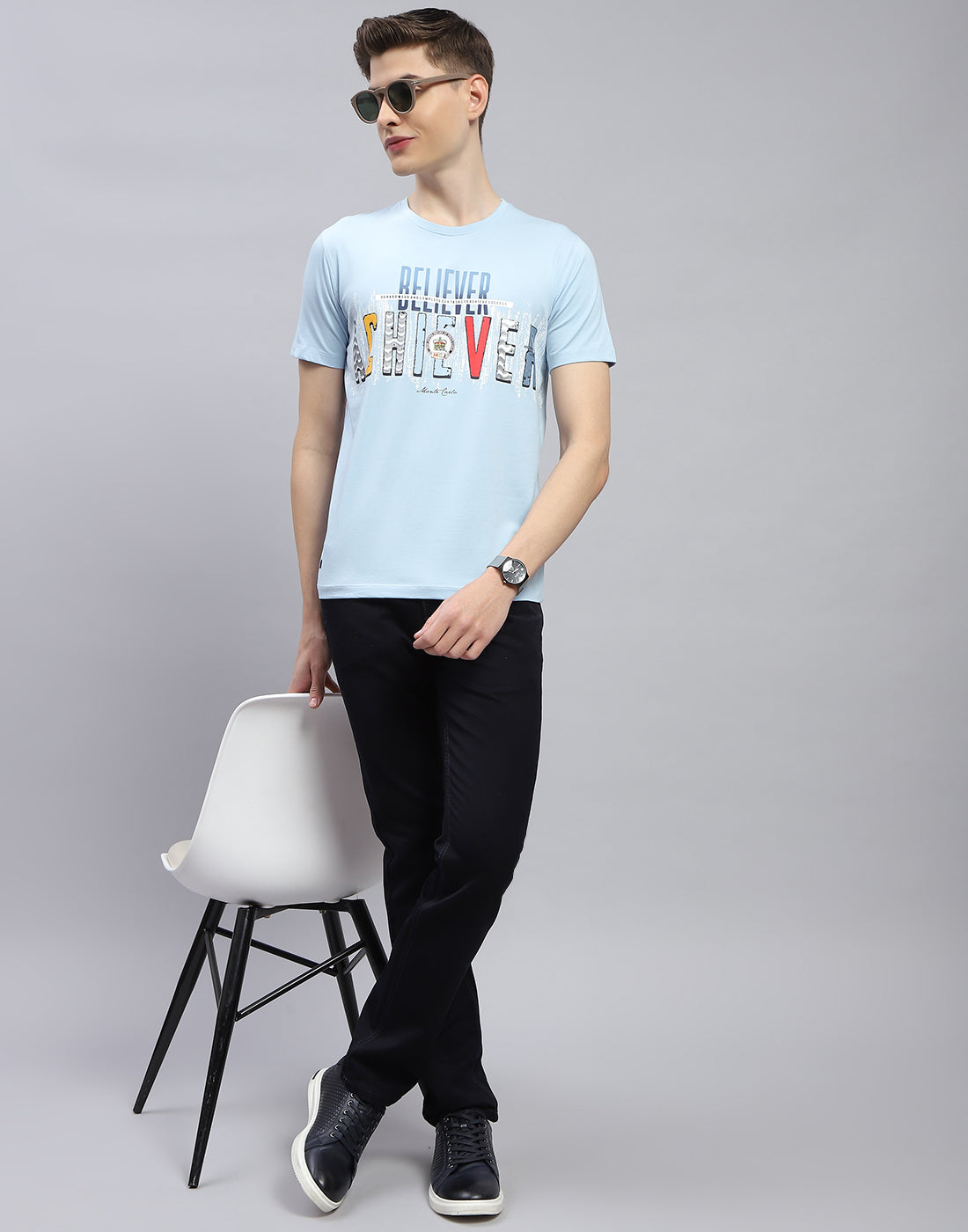 Men Blue Printed Round Neck Half Sleeve T-Shirt