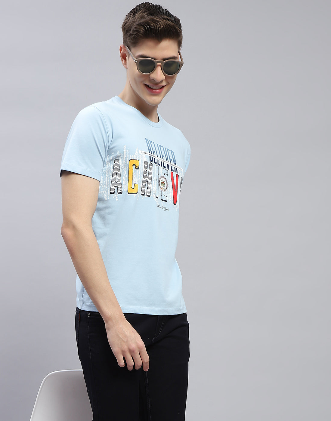 Men Blue Printed Round Neck Half Sleeve T-Shirt