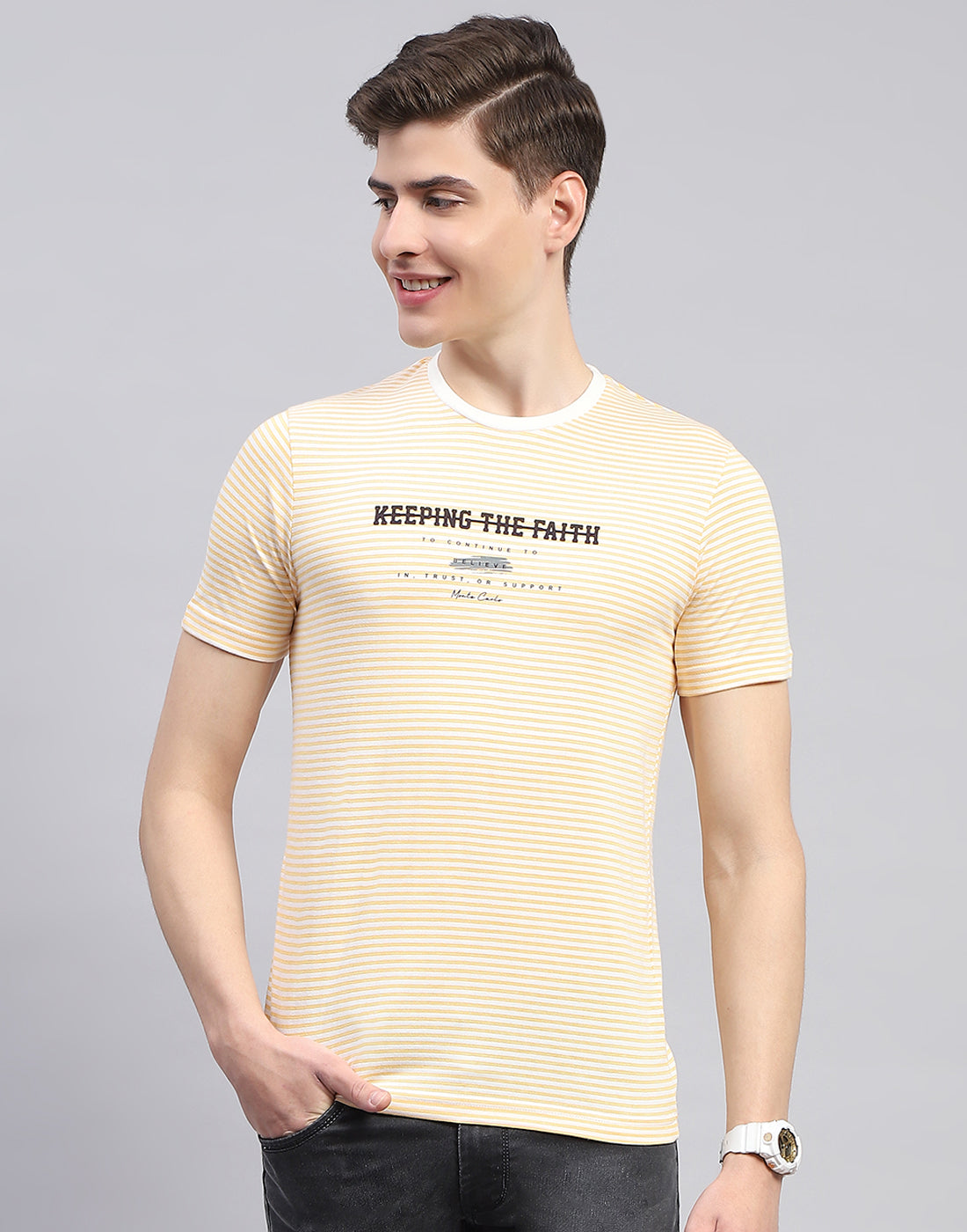 Men Yellow Printed Round Neck Half Sleeve T-Shirt