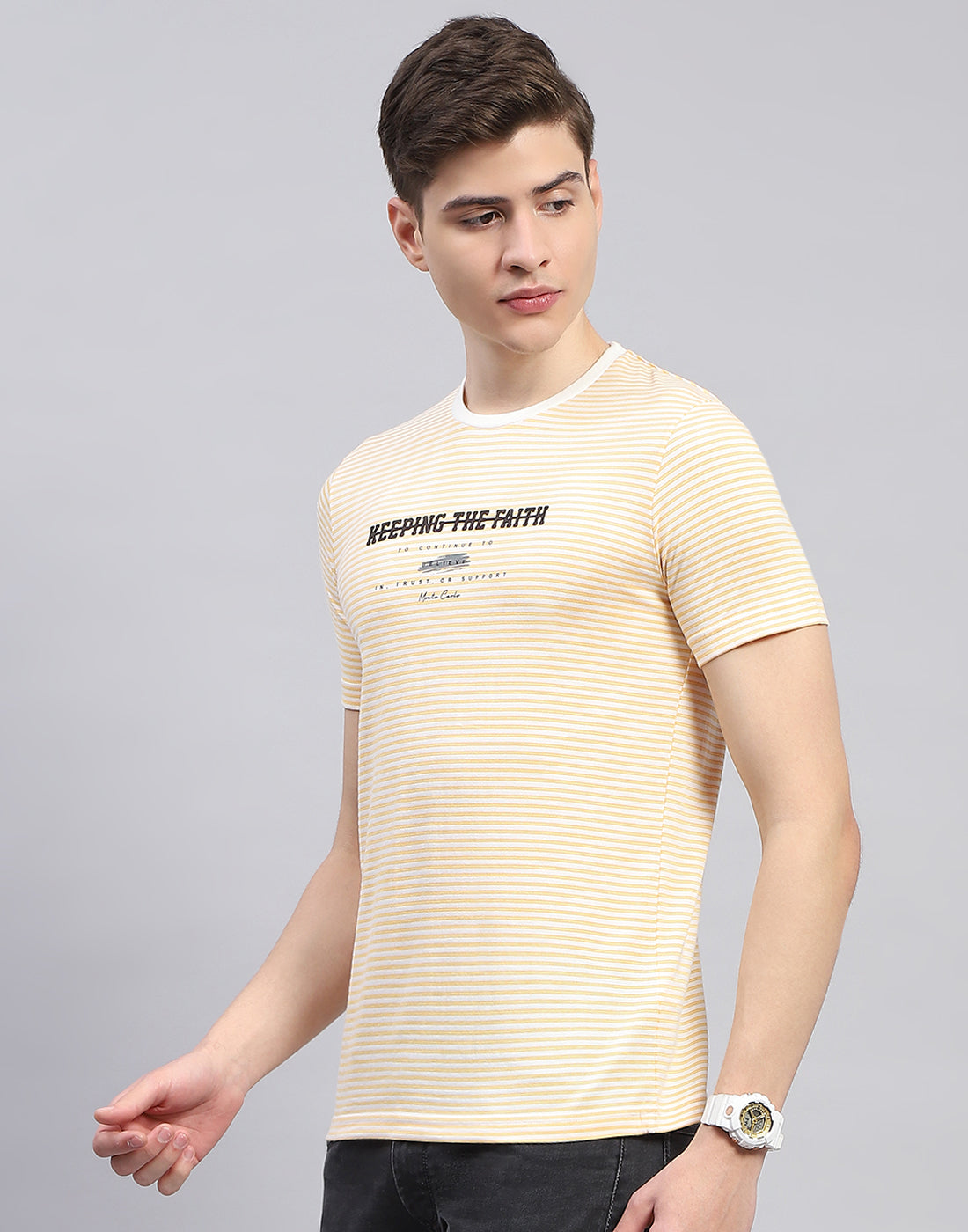 Men Yellow Printed Round Neck Half Sleeve T-Shirt