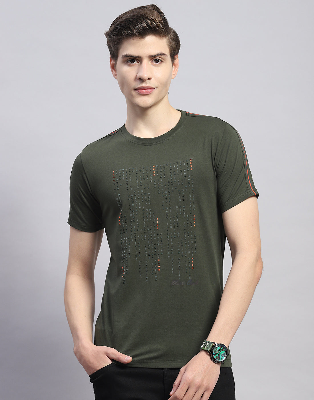 Men Olive Printed Round Neck Half Sleeve T-Shirt