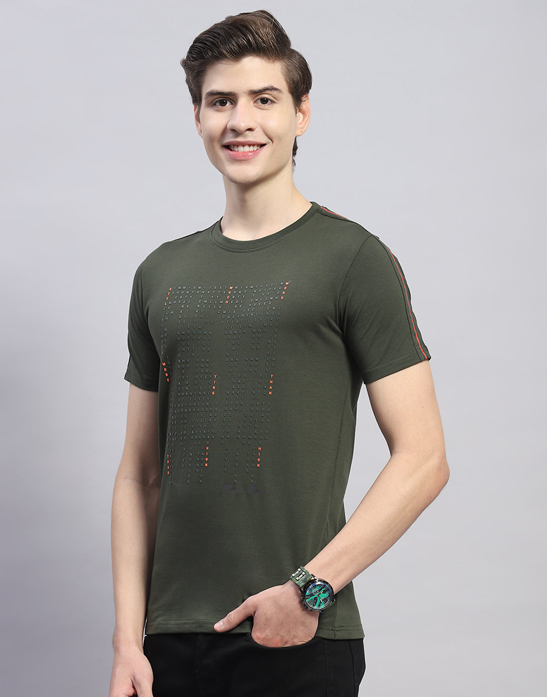 Men Olive Printed Round Neck Half Sleeve T-Shirt