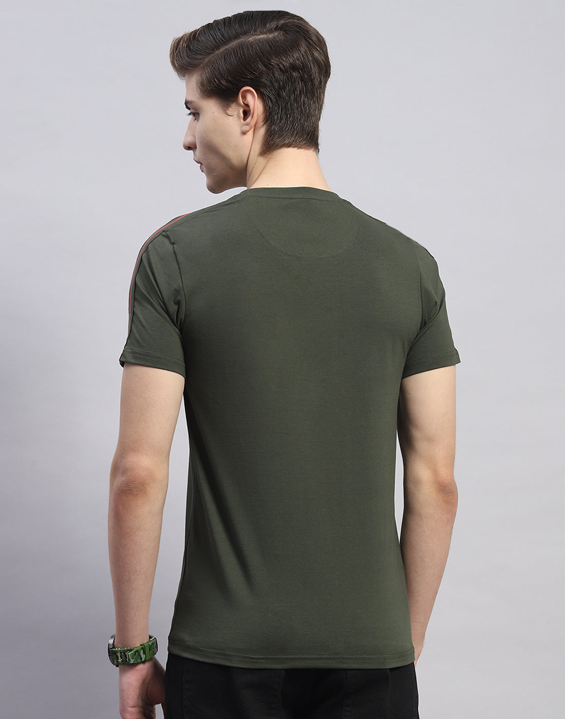 Men Olive Printed Round Neck Half Sleeve T-Shirt