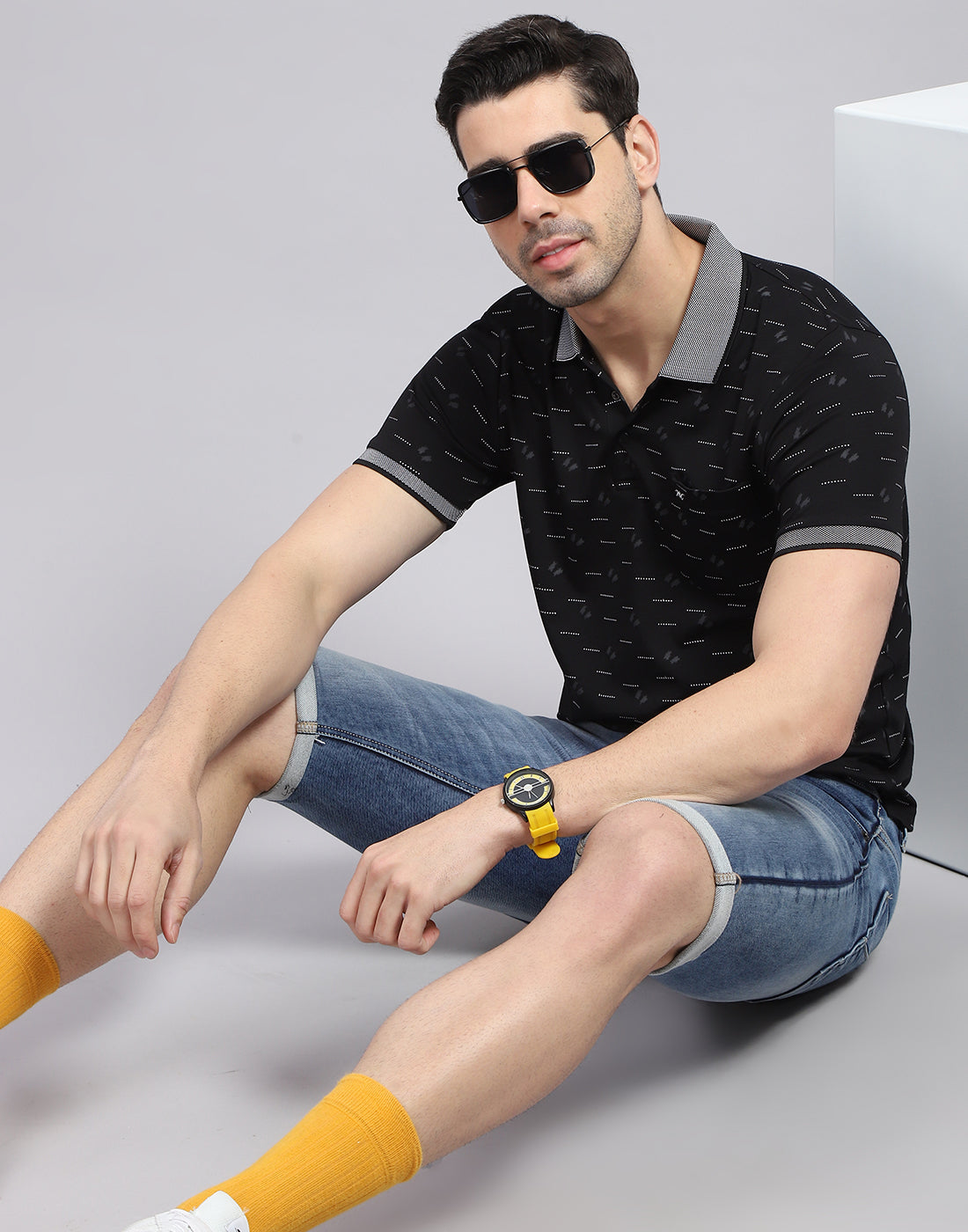 Men Black Printed Polo Collar Half Sleeve T-Shirt
