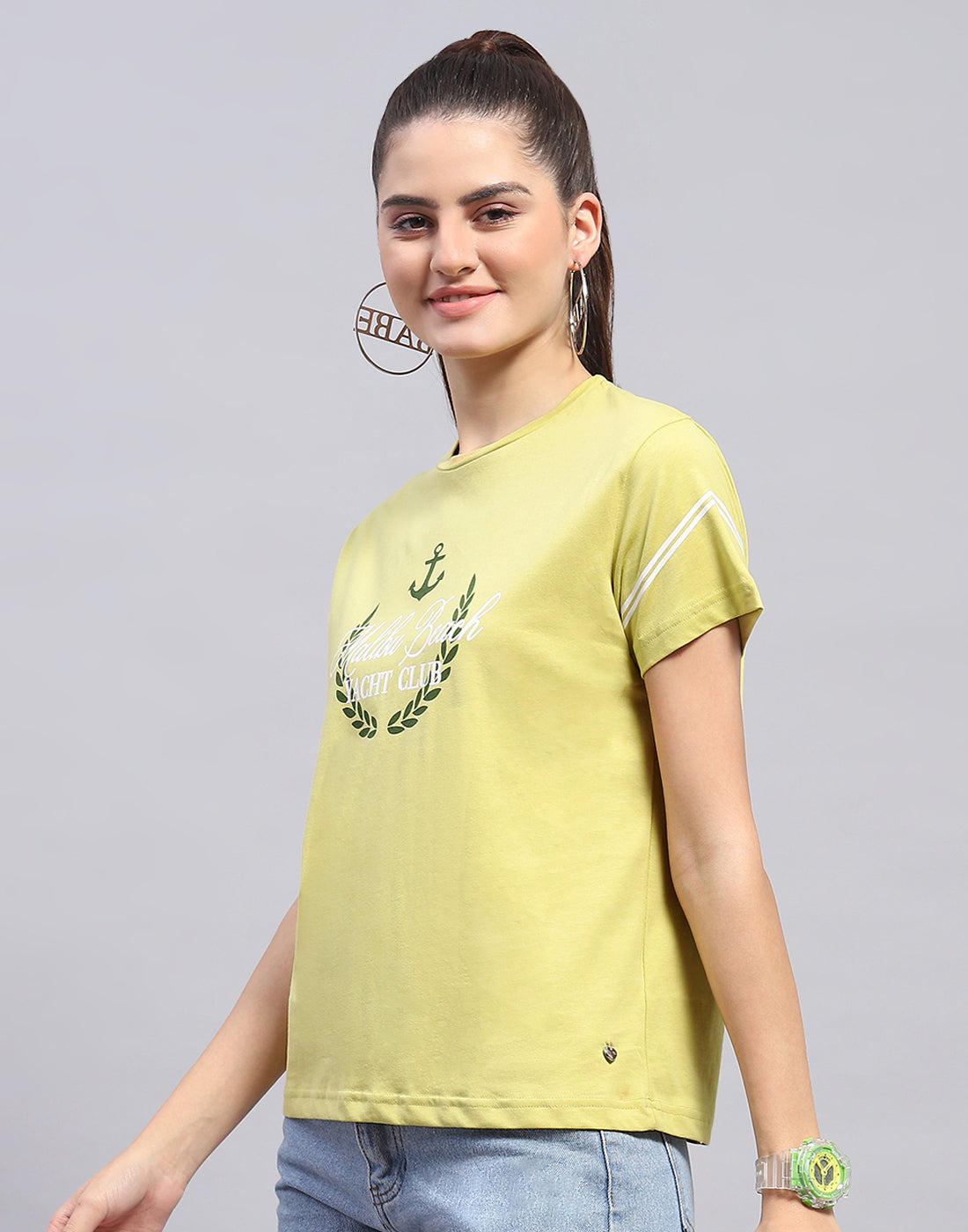 Women Lime Green Printed Round Neck Half Sleeve Top