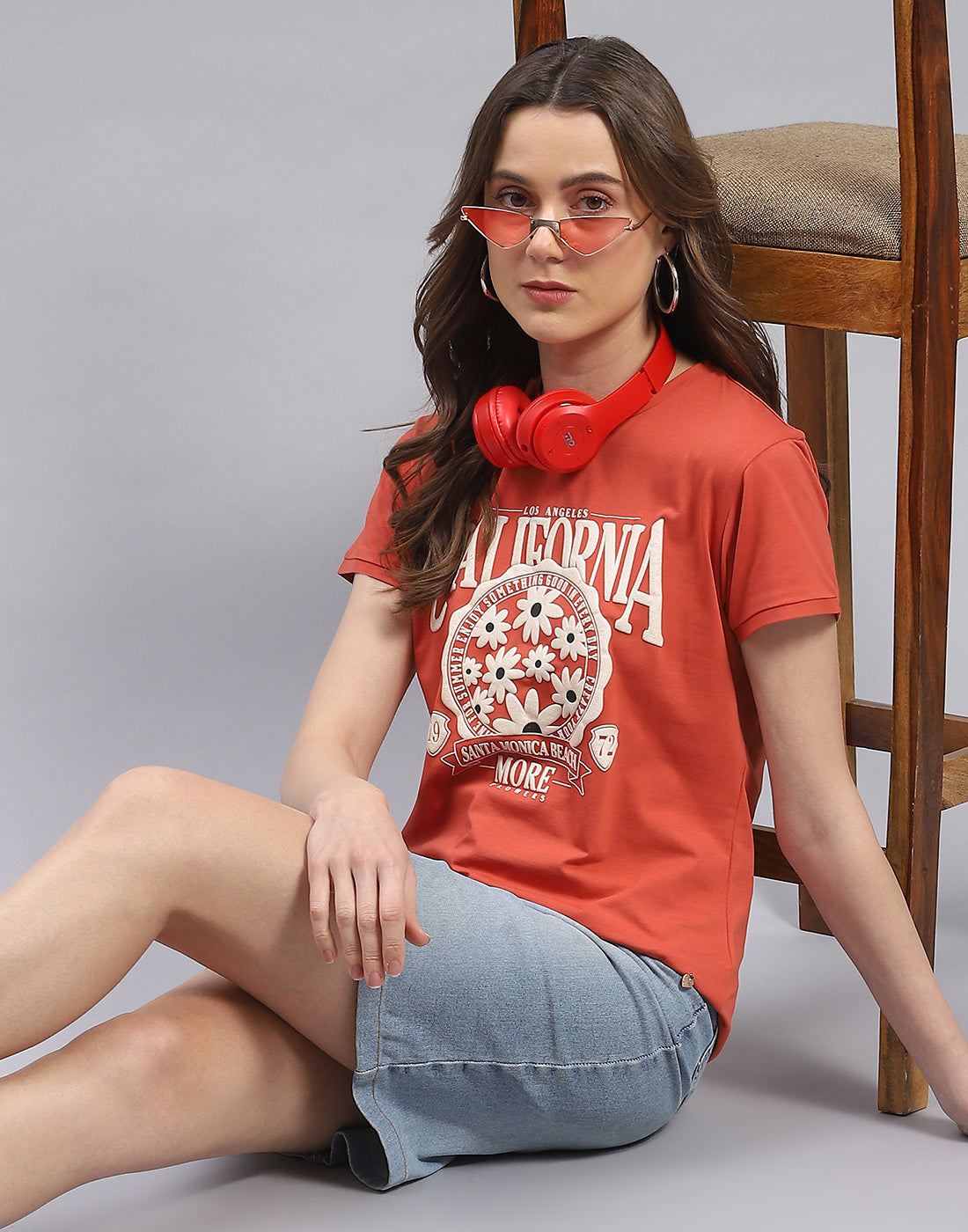 Women Rust Printed Round Neck Half Sleeve Top