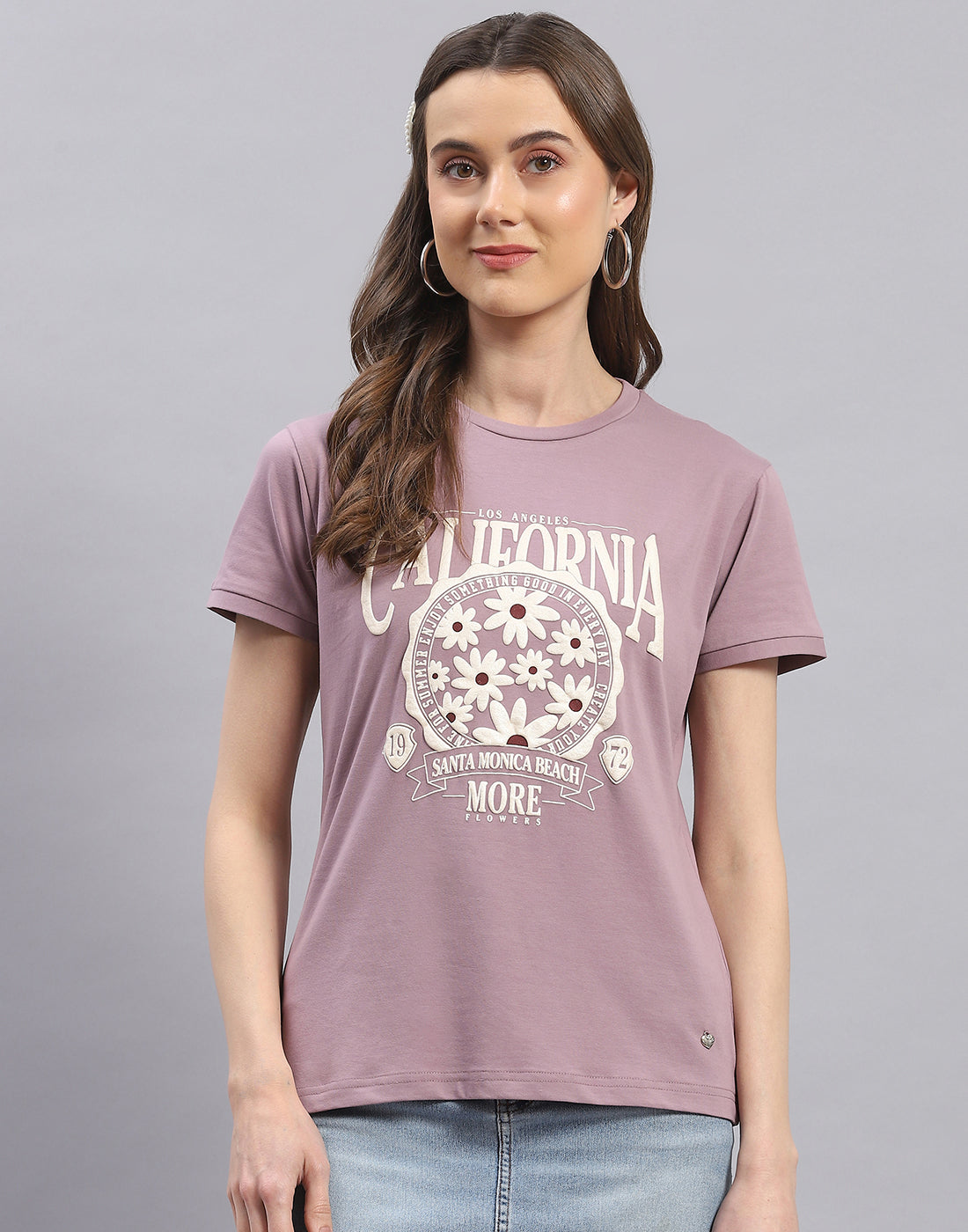 Women Mauve Printed Round Neck Half Sleeve Top
