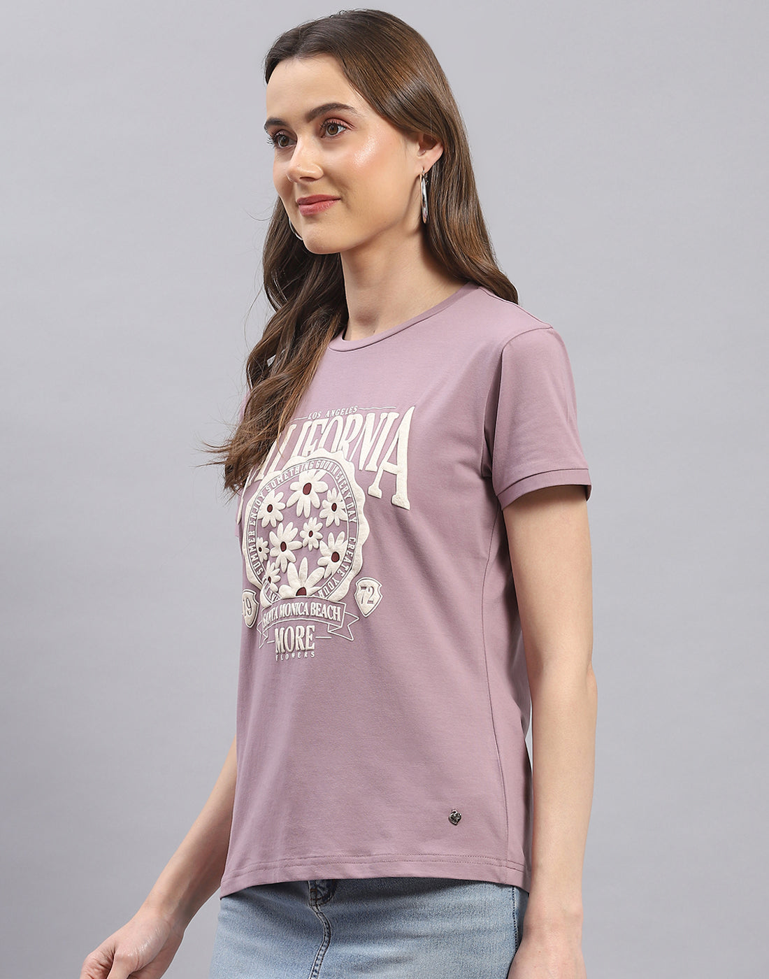 Women Mauve Printed Round Neck Half Sleeve Top