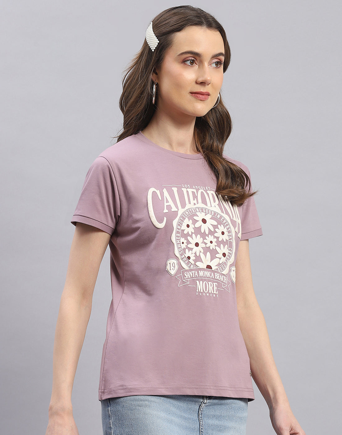 Women Mauve Printed Round Neck Half Sleeve Top