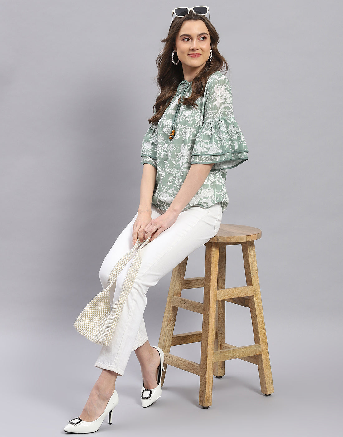 Women Green Printed Round Neck Half Sleeve Top