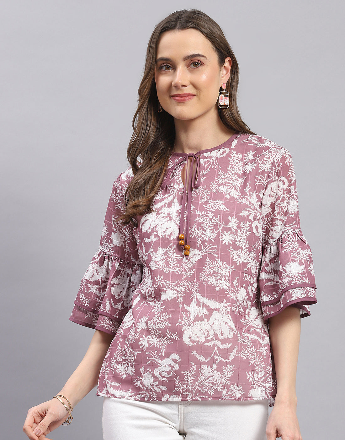Women Mauve Printed Round Neck Half Sleeve Top