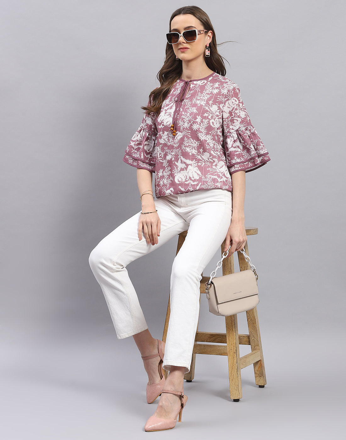 Women Mauve Printed Round Neck Half Sleeve Top