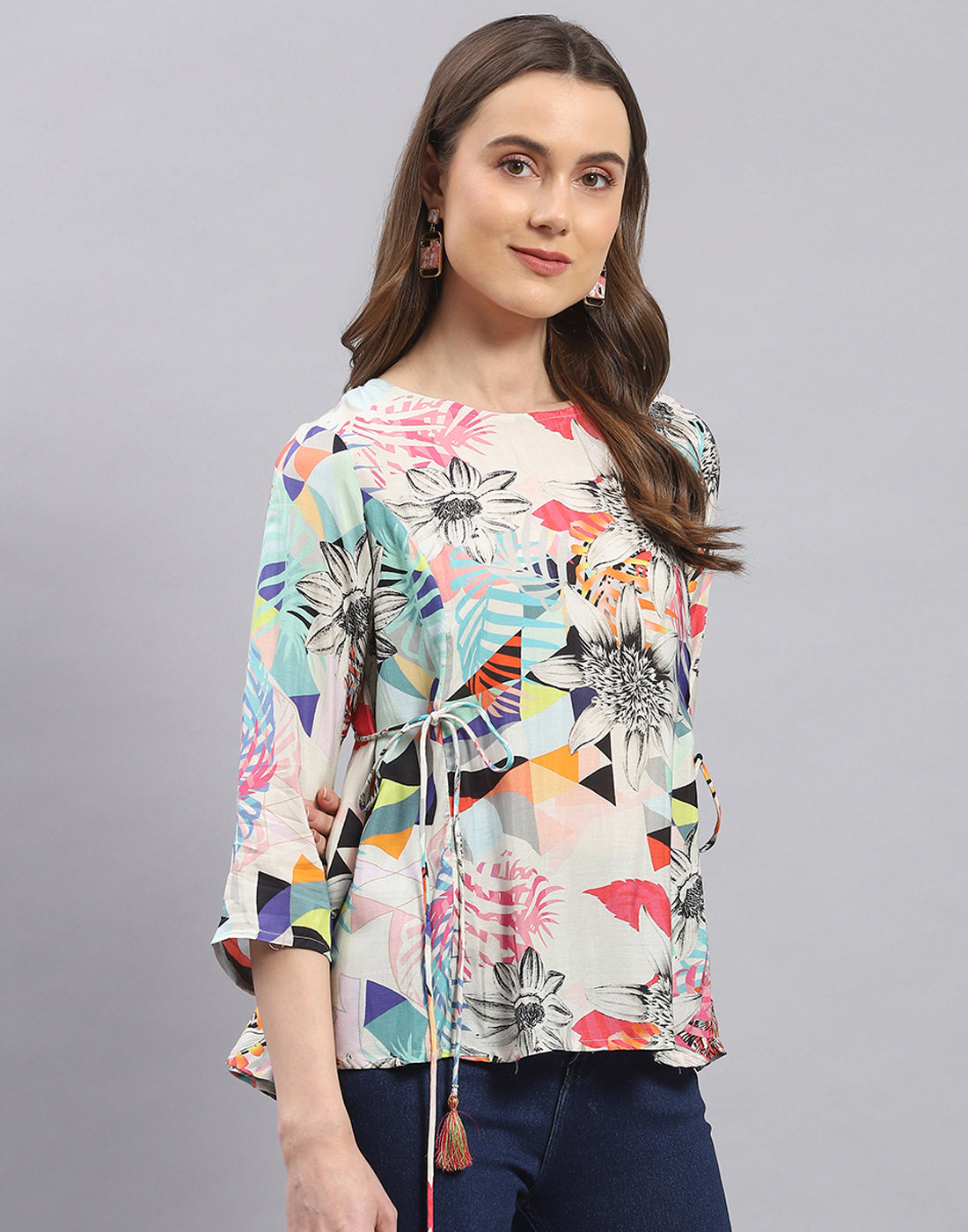 Women Off White Printed Boat Neck 3/4 Sleeve Top