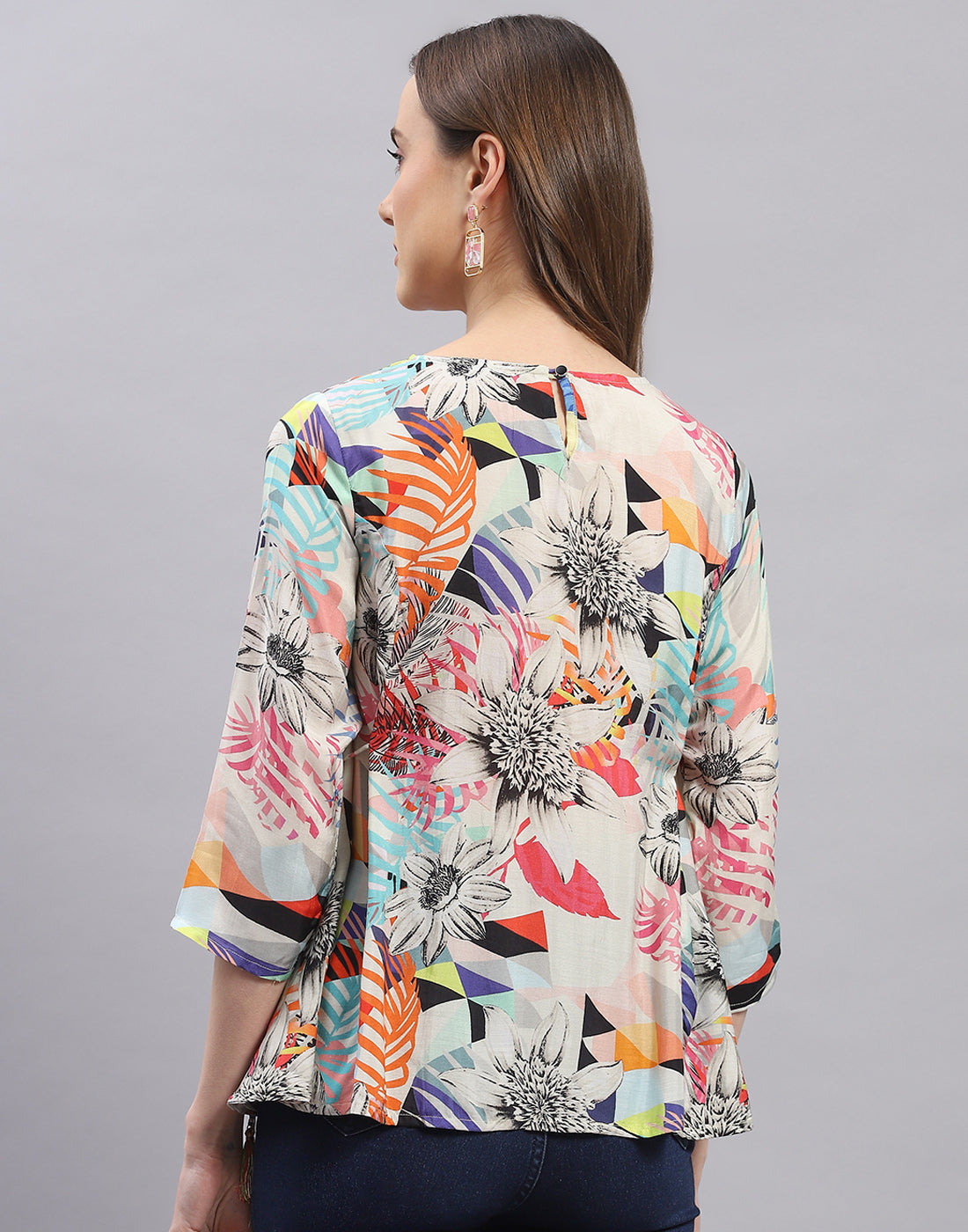 Women Off White Printed Boat Neck 3/4 Sleeve Top