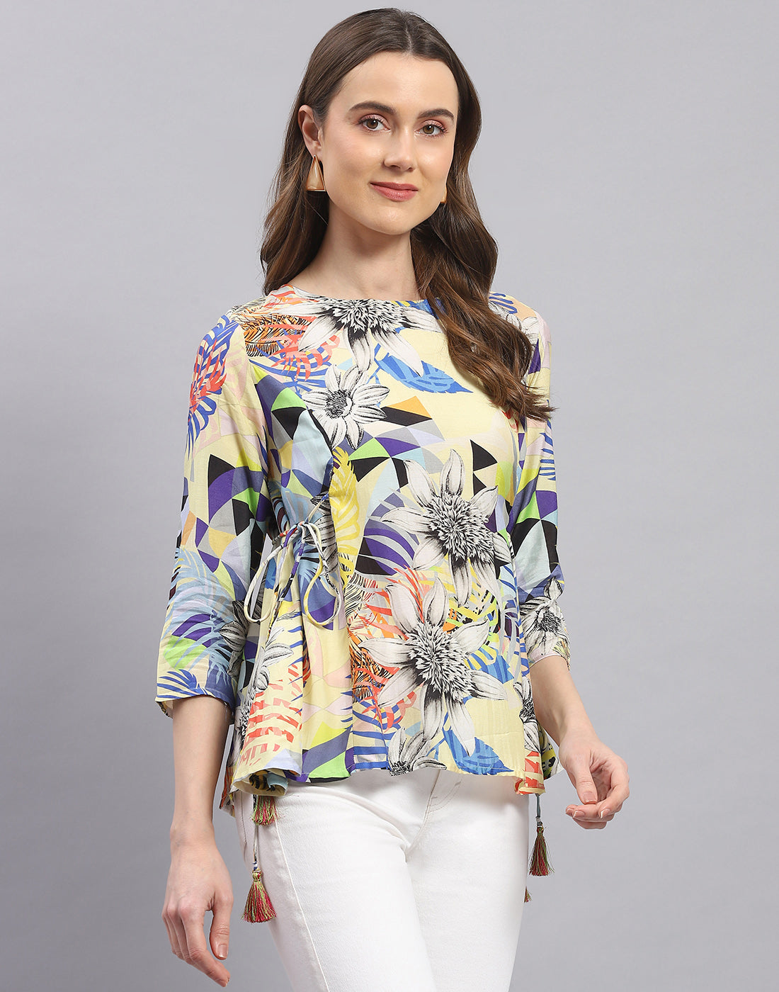 Women Yellow Printed Boat Neck 3/4 Sleeve Top