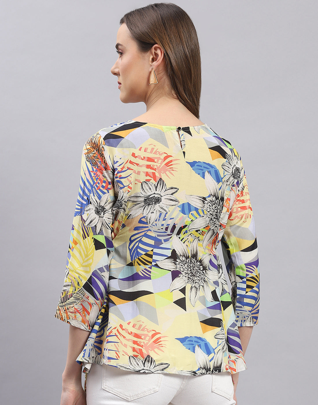 Women Yellow Printed Boat Neck 3/4 Sleeve Top