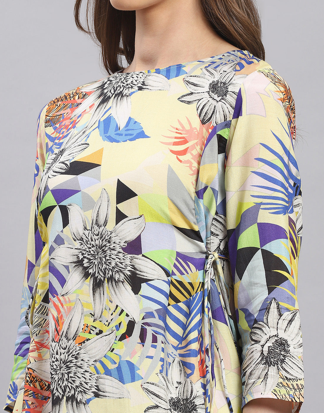 Women Yellow Printed Boat Neck 3/4 Sleeve Top