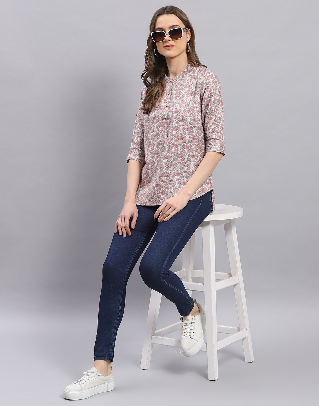 Women Purple Printed Mandarin Collar 3/4 Sleeve Top