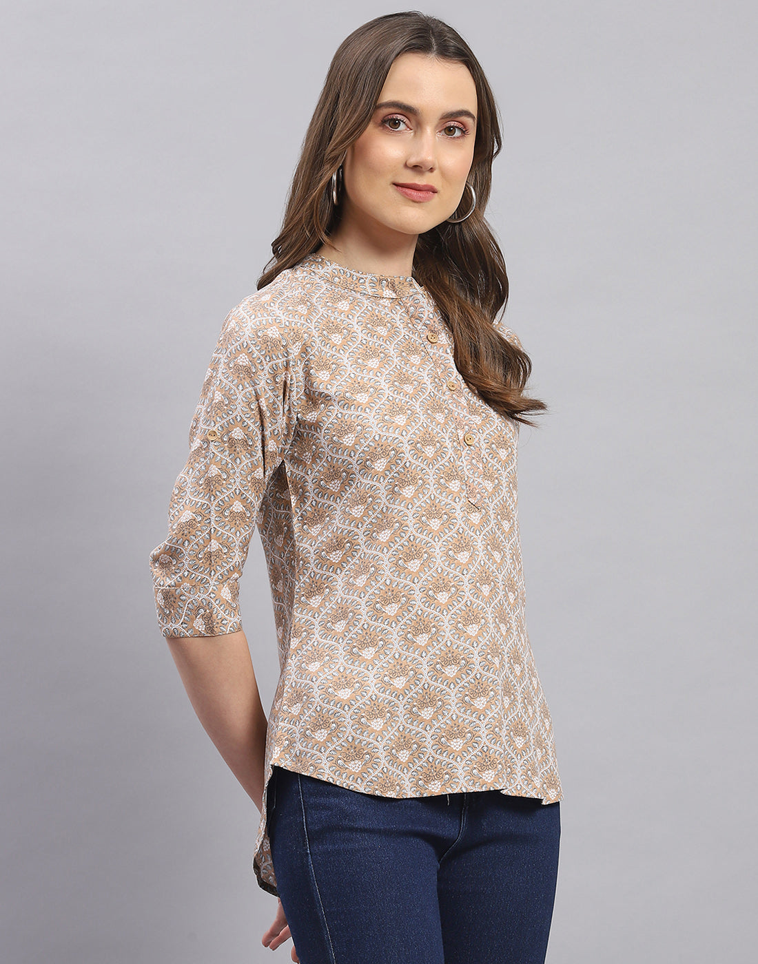 Women Brown Printed Mandarin Collar 3/4 Sleeve Top