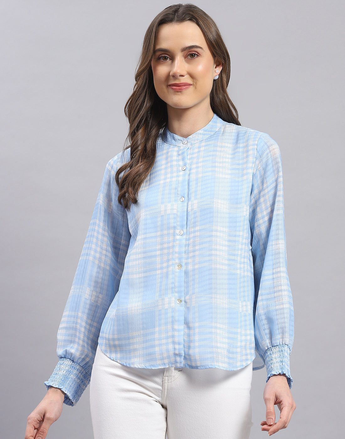 Women Blue Check Mandarin Collar Full Sleeve Top