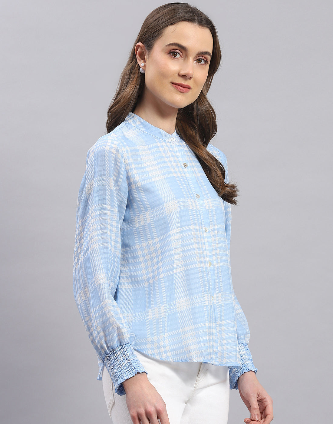 Women Blue Check Mandarin Collar Full Sleeve Top
