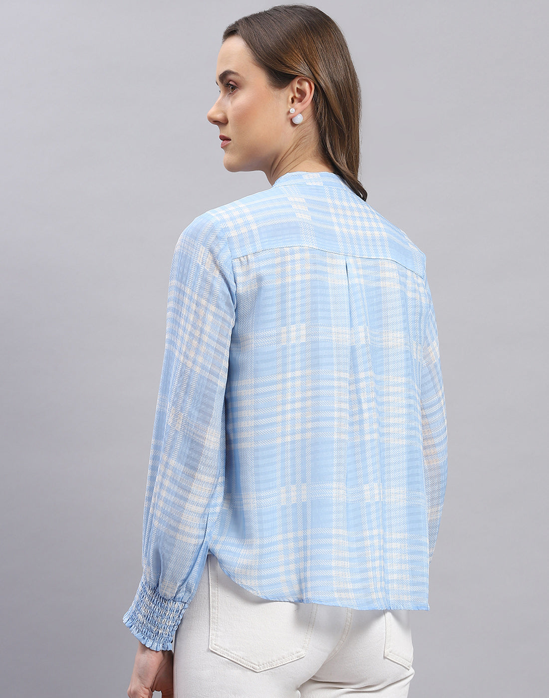 Women Blue Check Mandarin Collar Full Sleeve Top