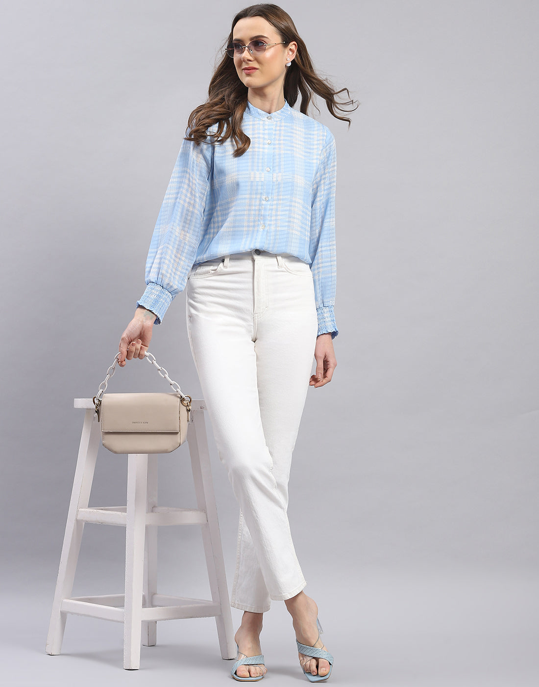 Women Blue Check Mandarin Collar Full Sleeve Top