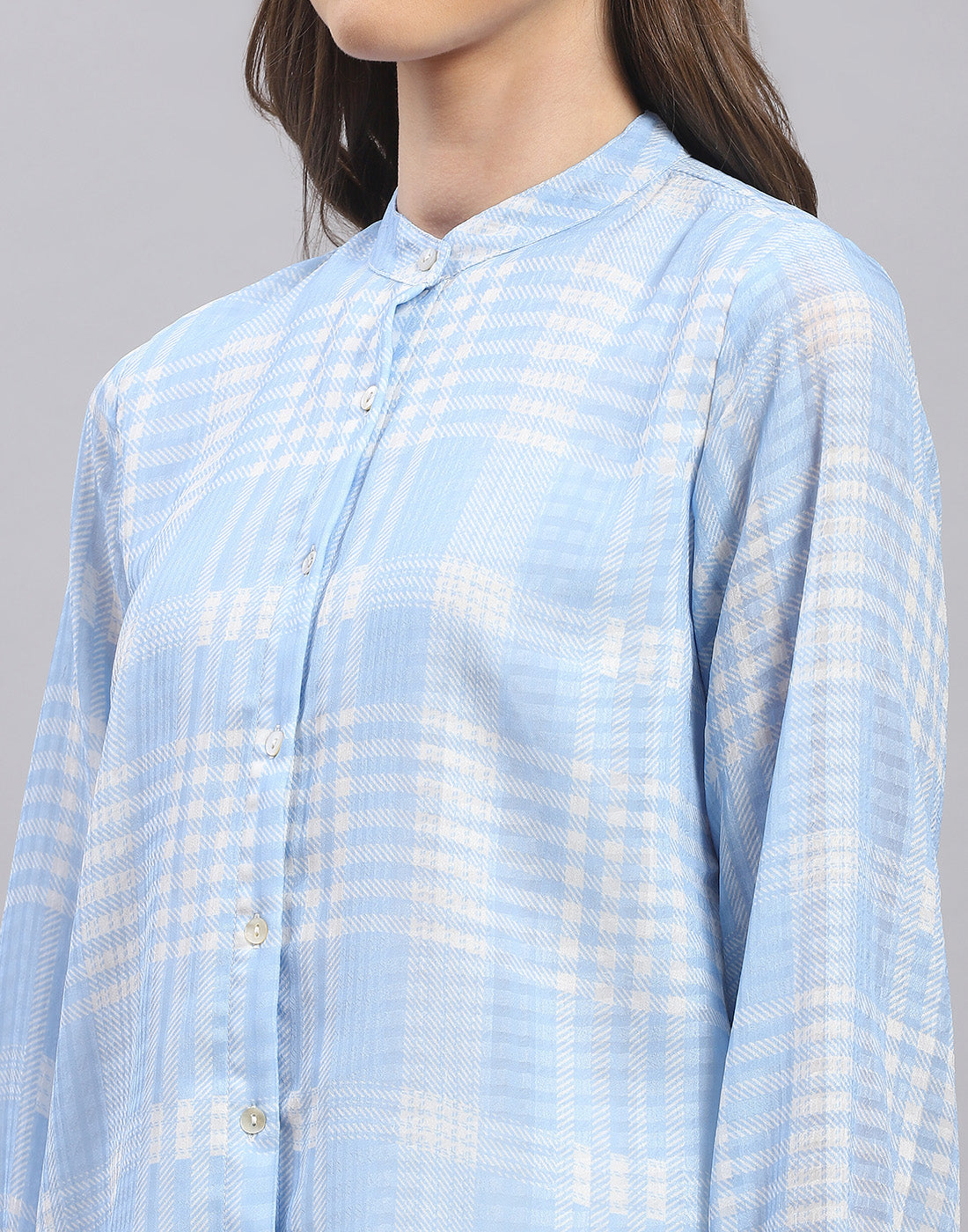 Women Blue Check Mandarin Collar Full Sleeve Top