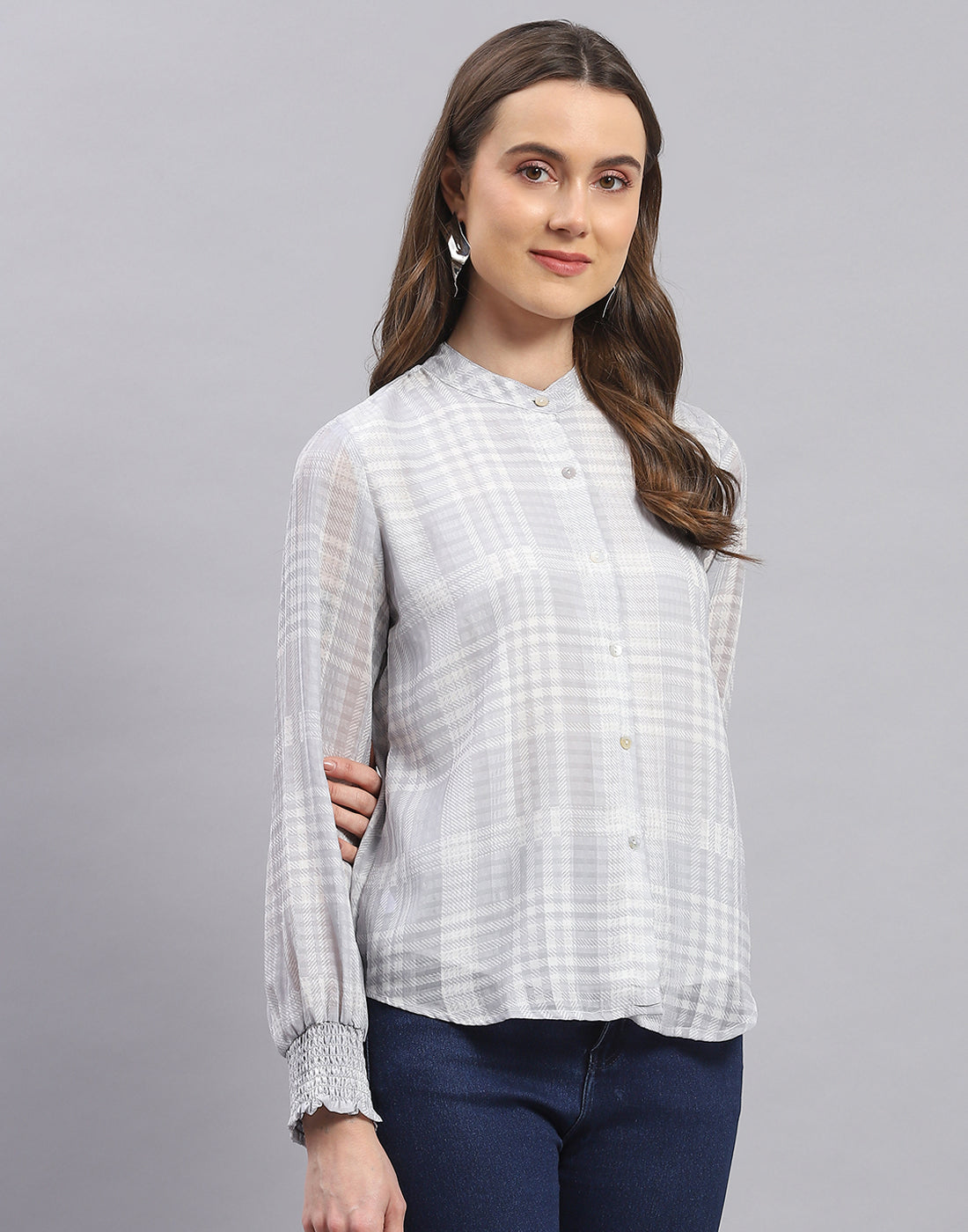 Women Grey Check Mandarin Collar Full Sleeve Top