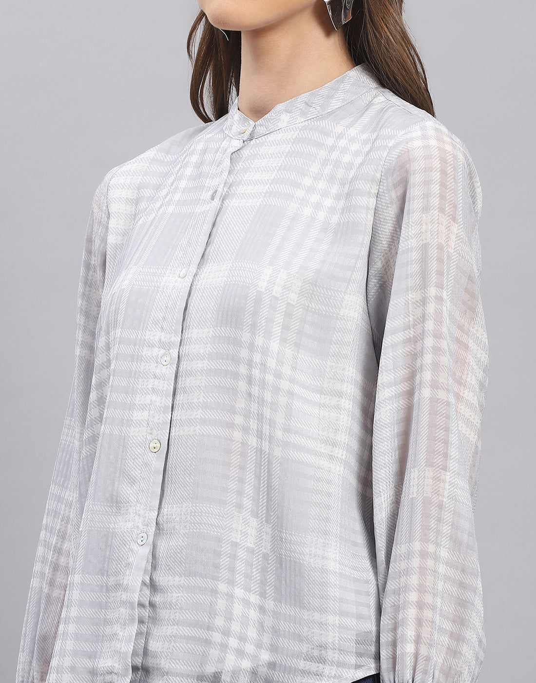 Women Grey Check Mandarin Collar Full Sleeve Top
