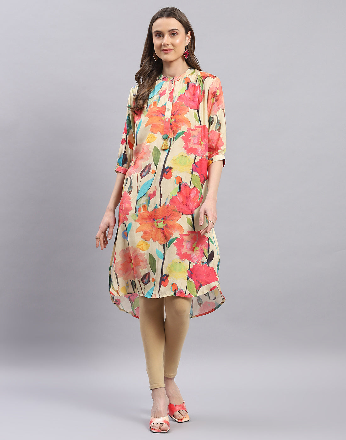 Women Beige Printed Mandarin Collar Half Sleeve Tunic