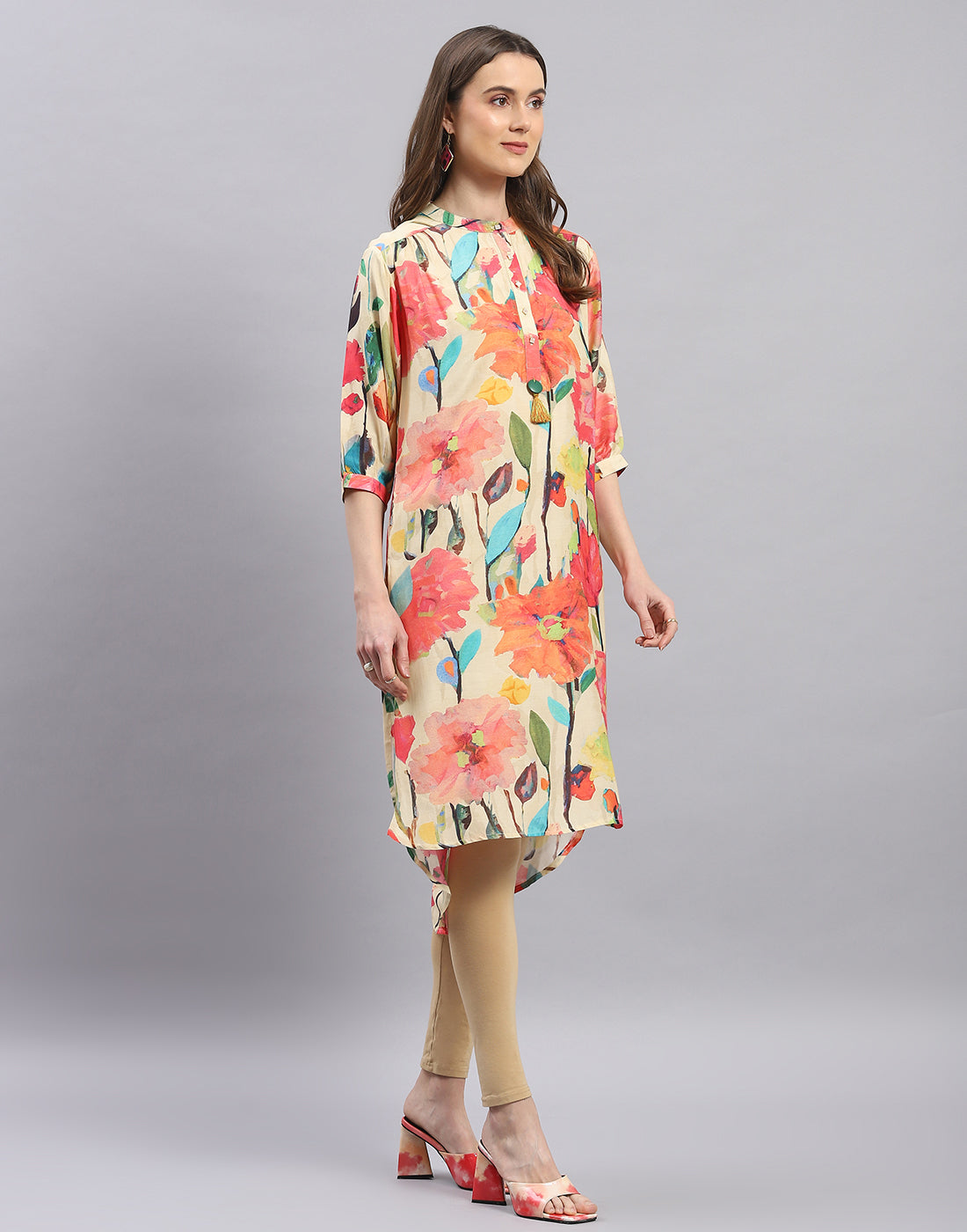 Women Beige Printed Mandarin Collar Half Sleeve Tunic