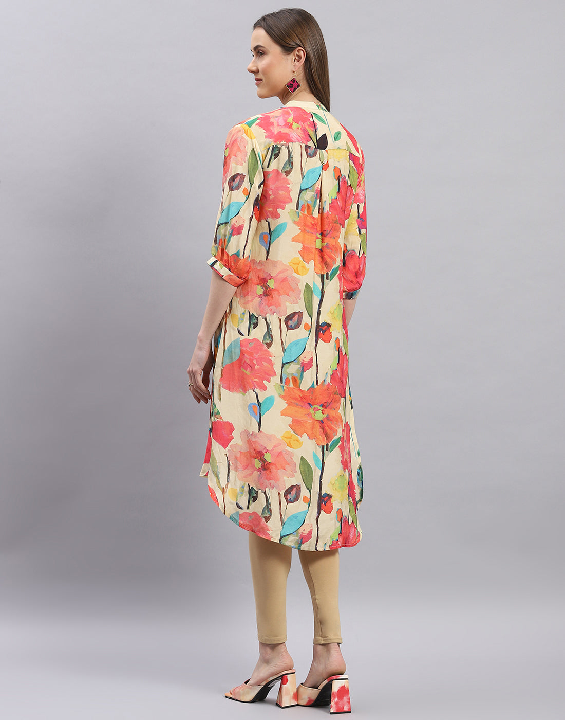 Women Beige Printed Mandarin Collar Half Sleeve Tunic