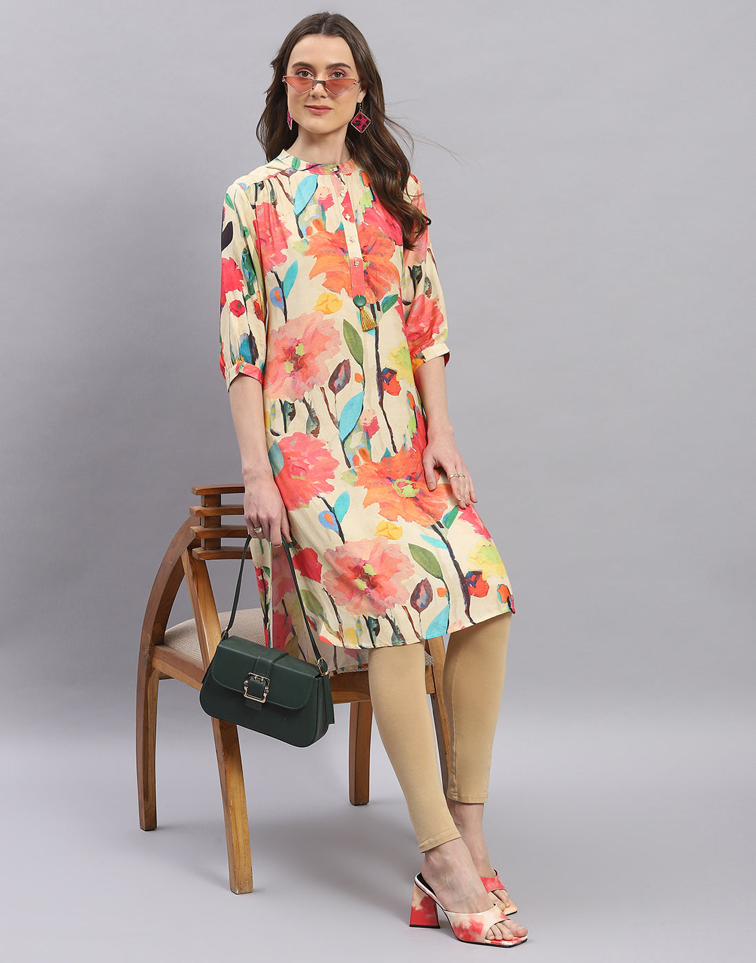 Women Beige Printed Mandarin Collar Half Sleeve Tunic