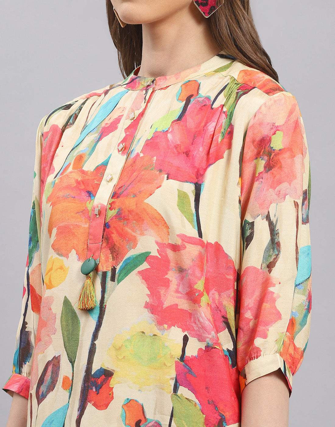 Women Beige Printed Mandarin Collar Half Sleeve Tunic