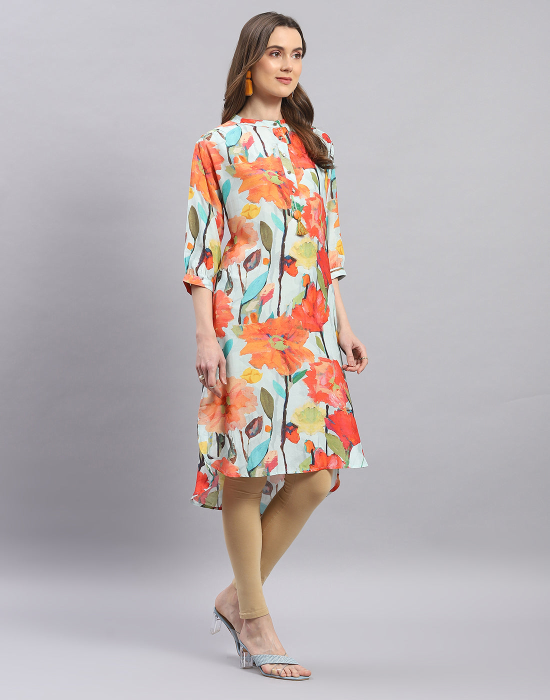 Women Blue Printed Mandarin Collar Half Sleeve Tunic