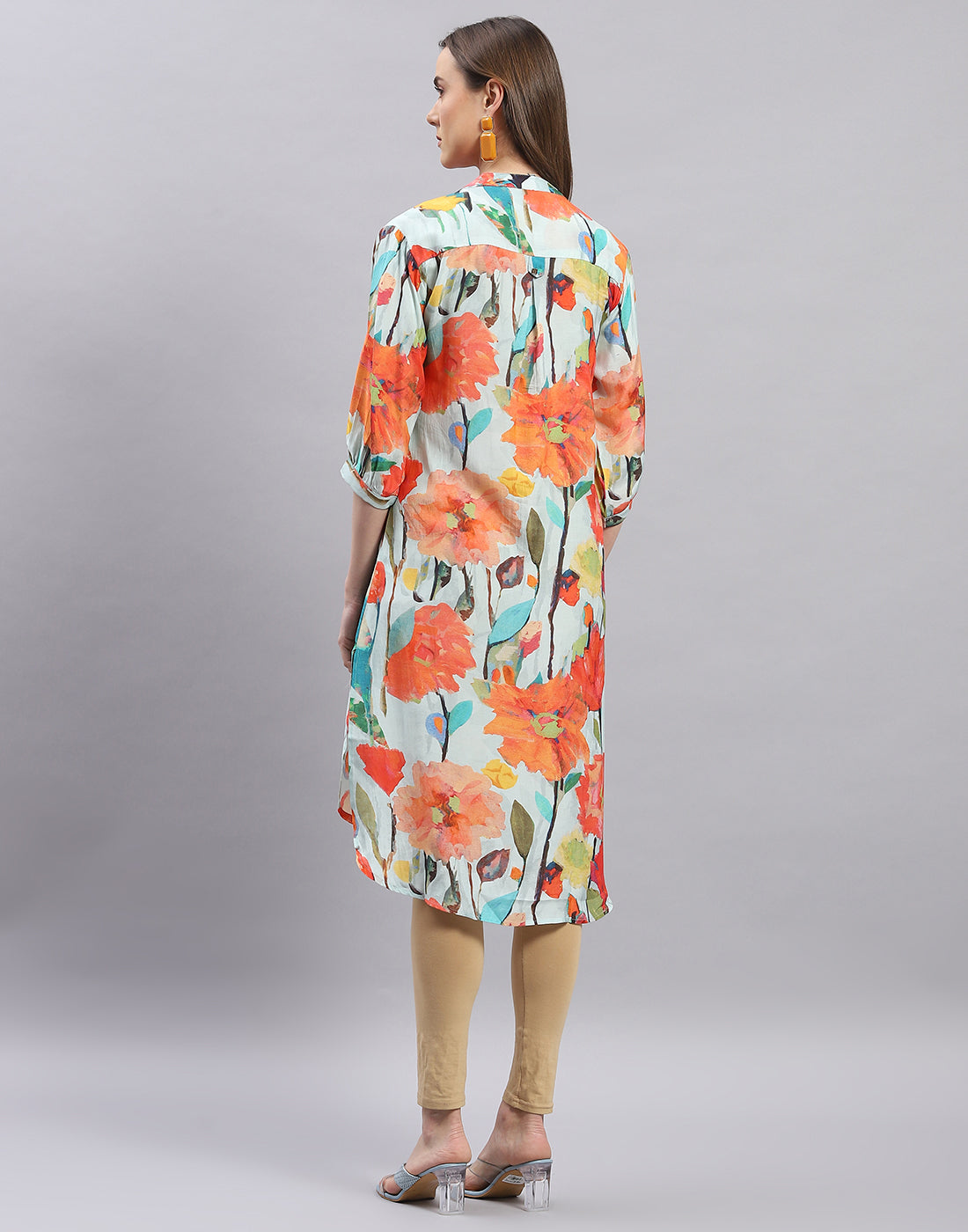 Women Blue Printed Mandarin Collar Half Sleeve Tunic